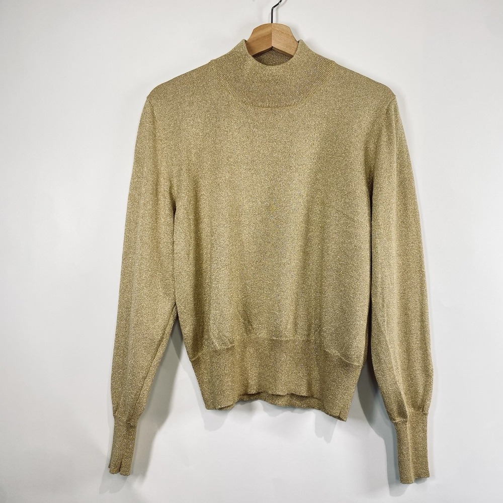 Bechamel Womens Gold Metallic Knit Mock Neck Sweater Size M Sparkly Champagne